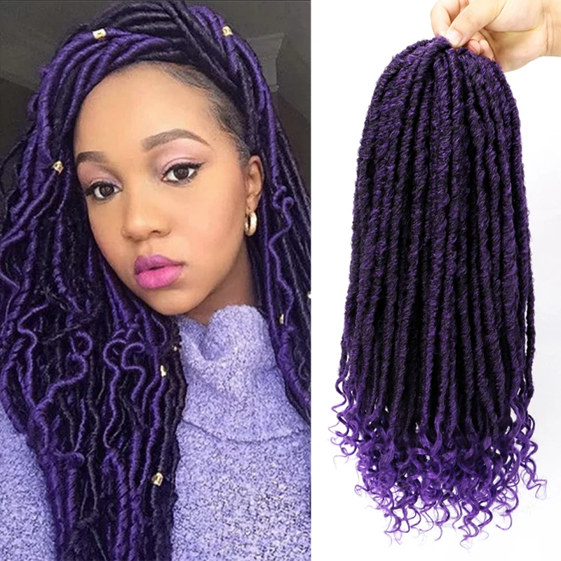 

16/20 Inch Goddess Faux Locs Hair Braids Purple Synthetic Crochet Braiding Hair With Curly Ends 24Roots Dreadlocks for Women