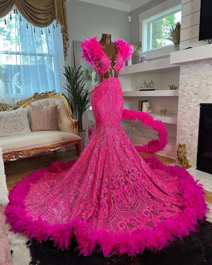 

Fuchsia Hot Pink Trumpet Evening Formal Dress for Women Sparkly Sequins Feather Black Girl Birthday Celebrity Gown