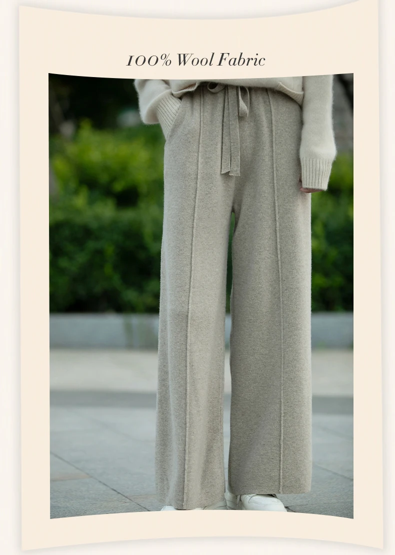بنطلون نسائي واسع الساق من الصوف الخالص 100٪ مع جيوب للارتداء خارج المنزل، سروال للجري، ملابس نسائية بنطلون نسائي واسع الساق من الصوف الخالص 100٪ مع جيوب للارتداء خارج المنزل، سروال للجري، ملابس نسائية