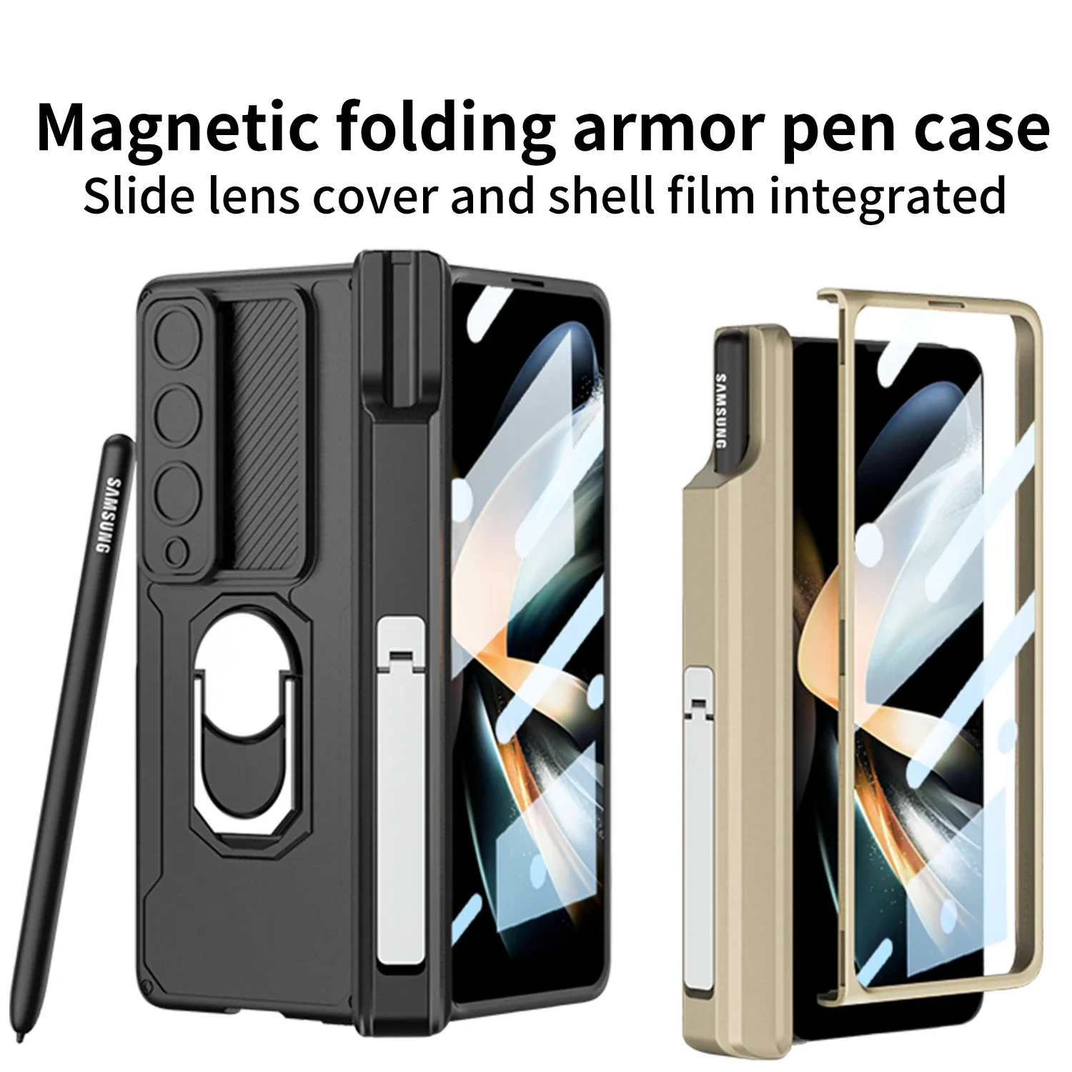 

With S Pen Magnetic Armor Case For Samsung Galaxy Z Fold 4 5 3 2 Car Holder Ring Slide Camera 360 Full Protector Kickstand Cover