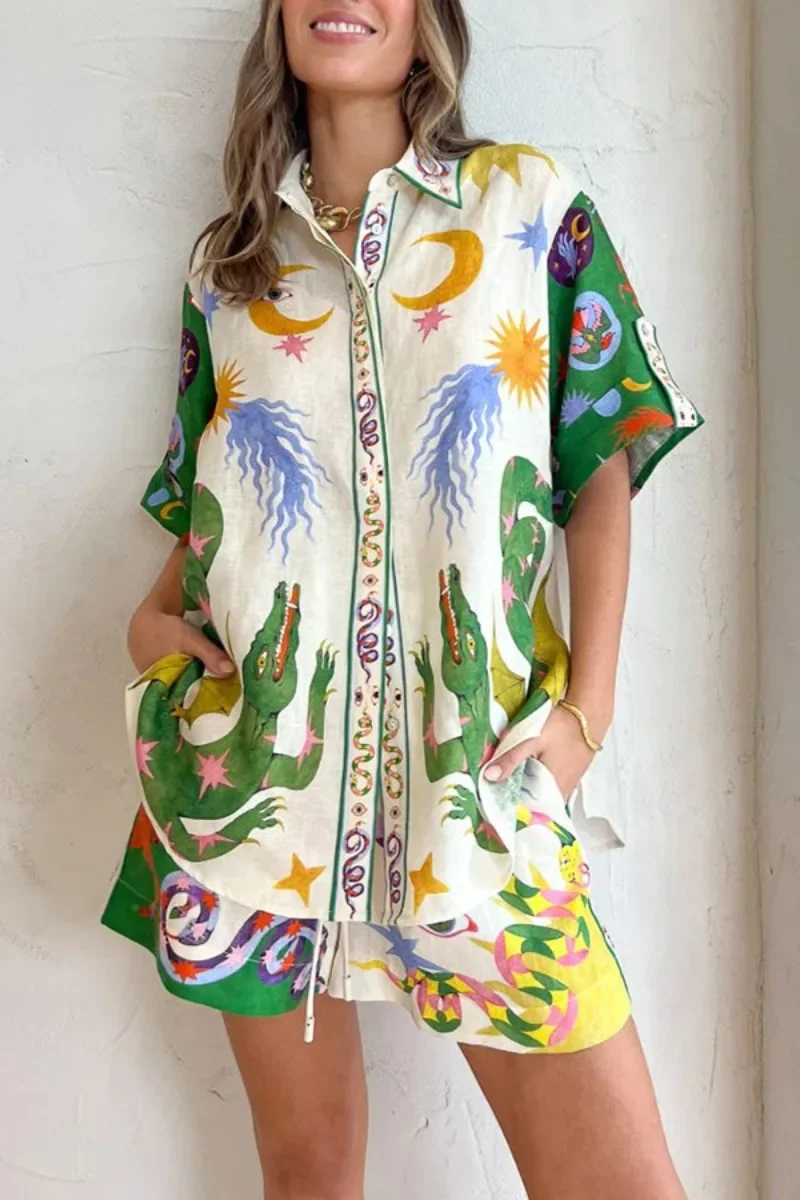 

Летний женский пижамный комплект с принтом, модный домашний костюм, пижамы для сна, повседневная одежда с милым рисунком лунного солнца, домашняя одежда