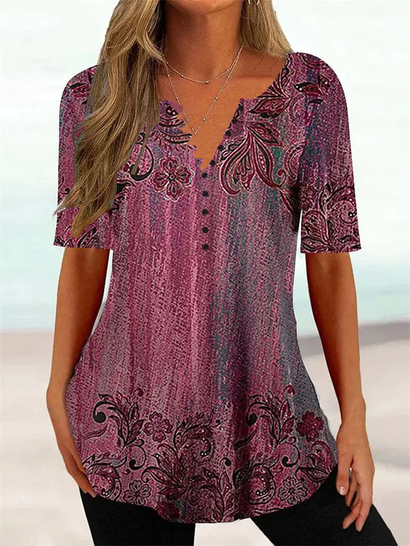 Women's Summer Loose V-neck Pullover Short Sleeve Button Print T-shirt Shirt Fashion Casual Versatile Top Female & Lady Clothing
Women's Summer Loose V-neck Pullover Short Sleeve Button Print T-shirt Shirt Fashion Casual Versatile Top Female & Lady Clothing
