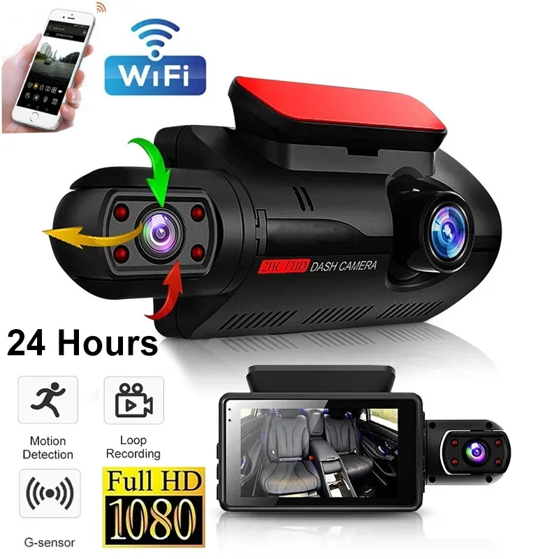 

Автомобильный видеорегистратор с 2 объективами, HD видеорегистратор с двумя камерами, встроенная камера HD, с разрешением спереди и сзади, с функцией ночного видения
