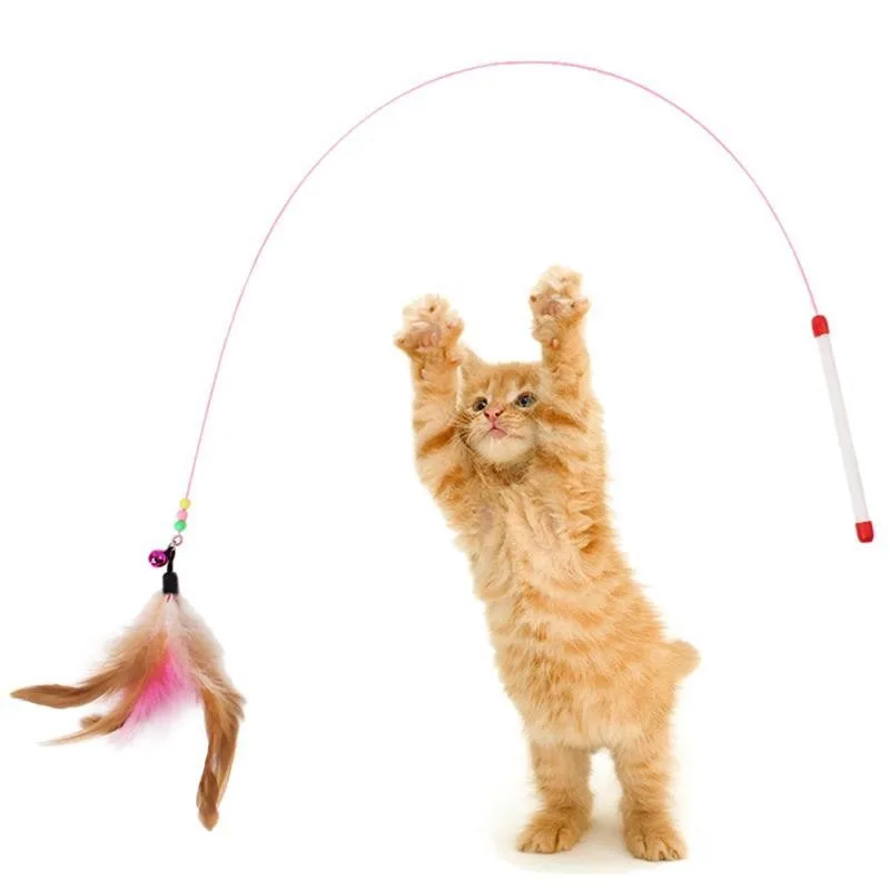 

Fishing Rod Interactive Cat Play Wand With Feather Toys Steel Wire Color Feathers Funny Flying Toys Cat Teaser Sticks 30pc/lot