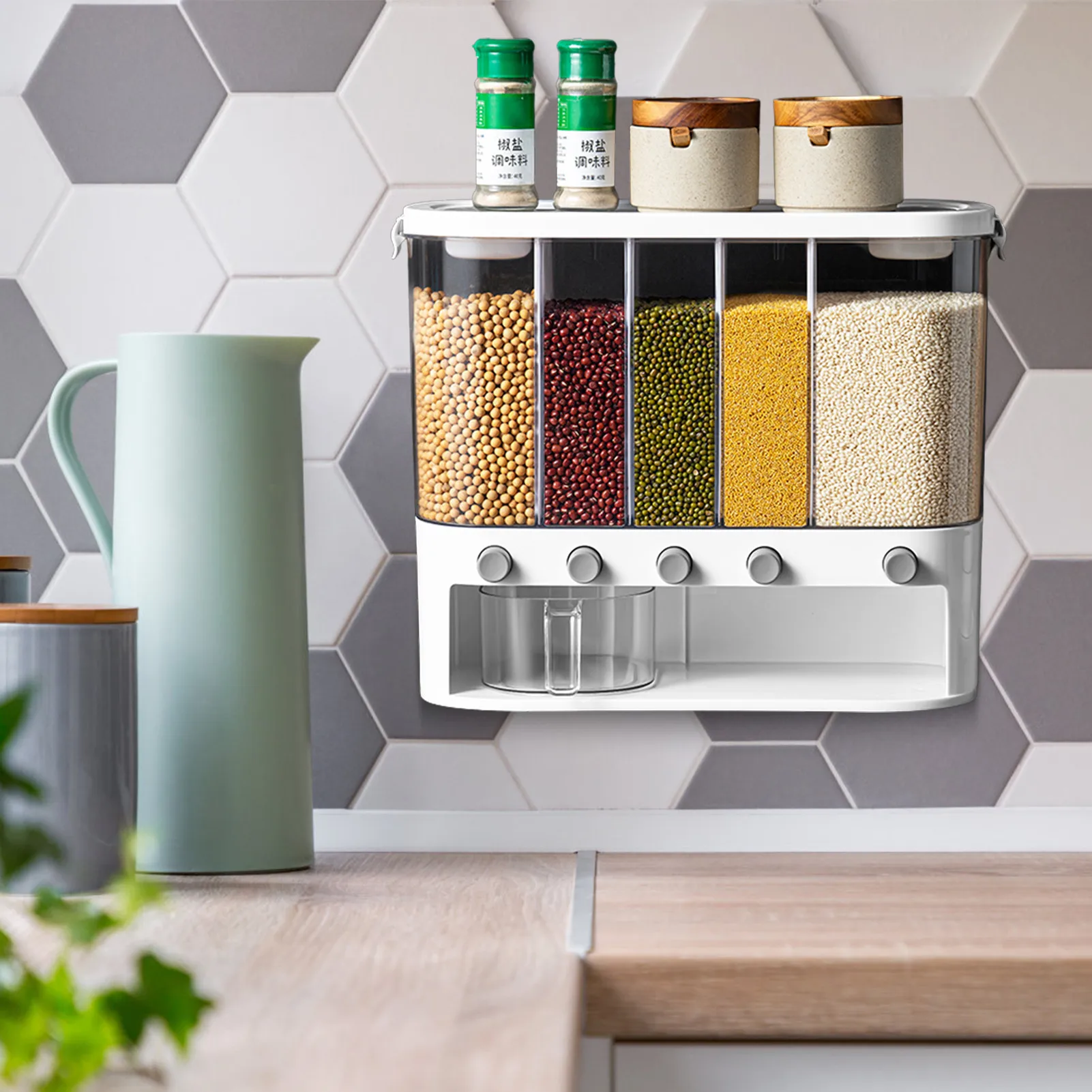 Rice Dispenser 5-Grid Airtight Cereal Dispenser Countertop 12L Dry Food Storage Container For Soybean Grains Flour Wall-Mounted
Rice Dispenser 5-Grid Airtight Cereal Dispenser Countertop 12L Dry Food Storage Container For Soybean Grains Flour Wall-Mounted