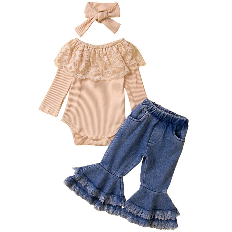 

3Piece 2023 Spring Fall Baby Girl Clothes Fashion Cute Lace Long Sleeve Bodysuit+Denim Flare Jeans Infant Clothing Set BC2288-1