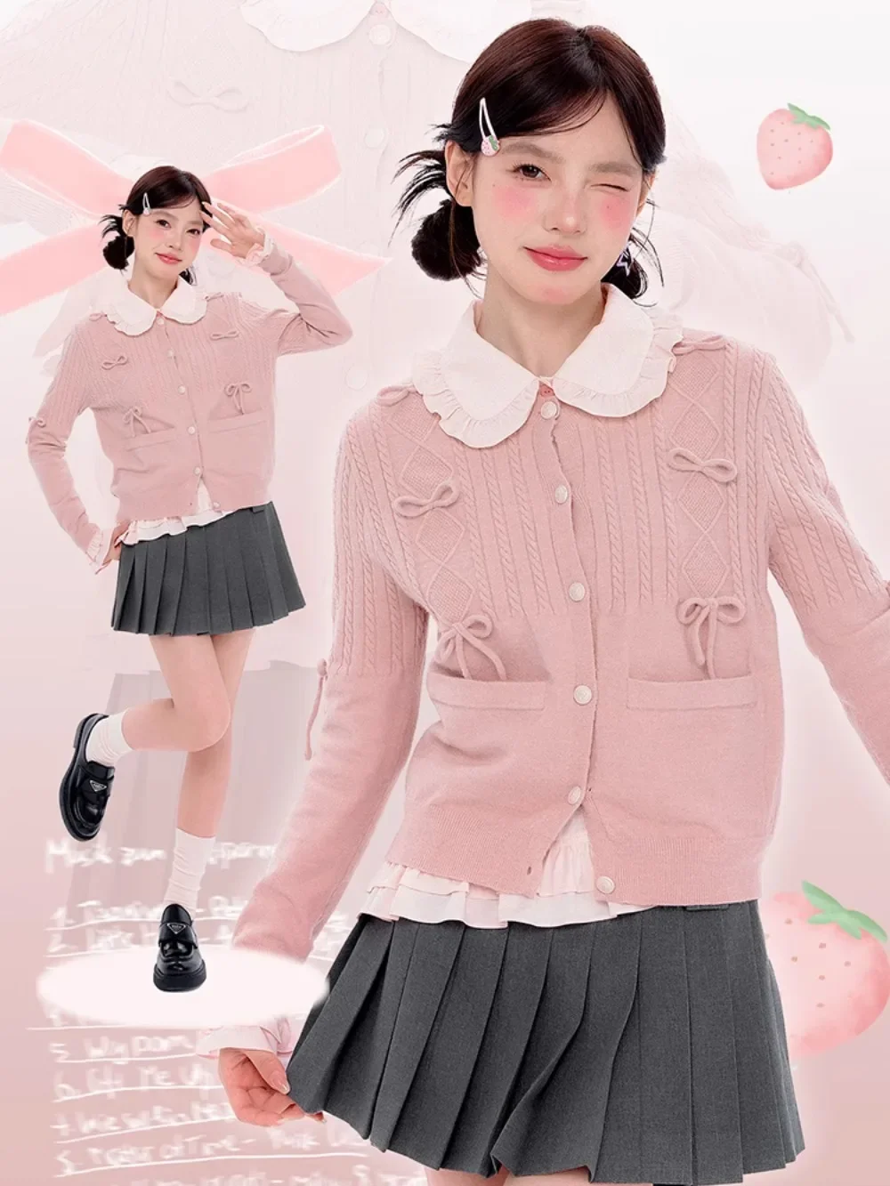 

Bow decorative twist knitted cardigan jumper women 2024 new cute Korean fashion sweet and lovely college style