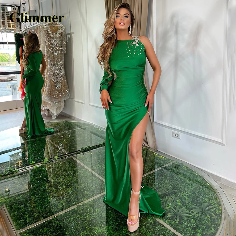 

Glimmer Modern Rhinestones Evening Dresses Mermaid One-Shoulder Satin Pleat High Slit Sweep Train Robes De Soiree Custom Made