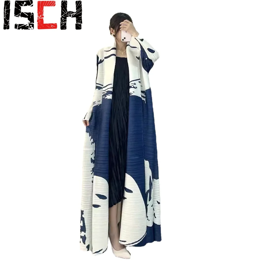 

Miyake Original Pleated Long Windbreaker 2024 Spring and Summer New Printed Fashion Long-sleeved Arab Robe Coat Coat Cloak