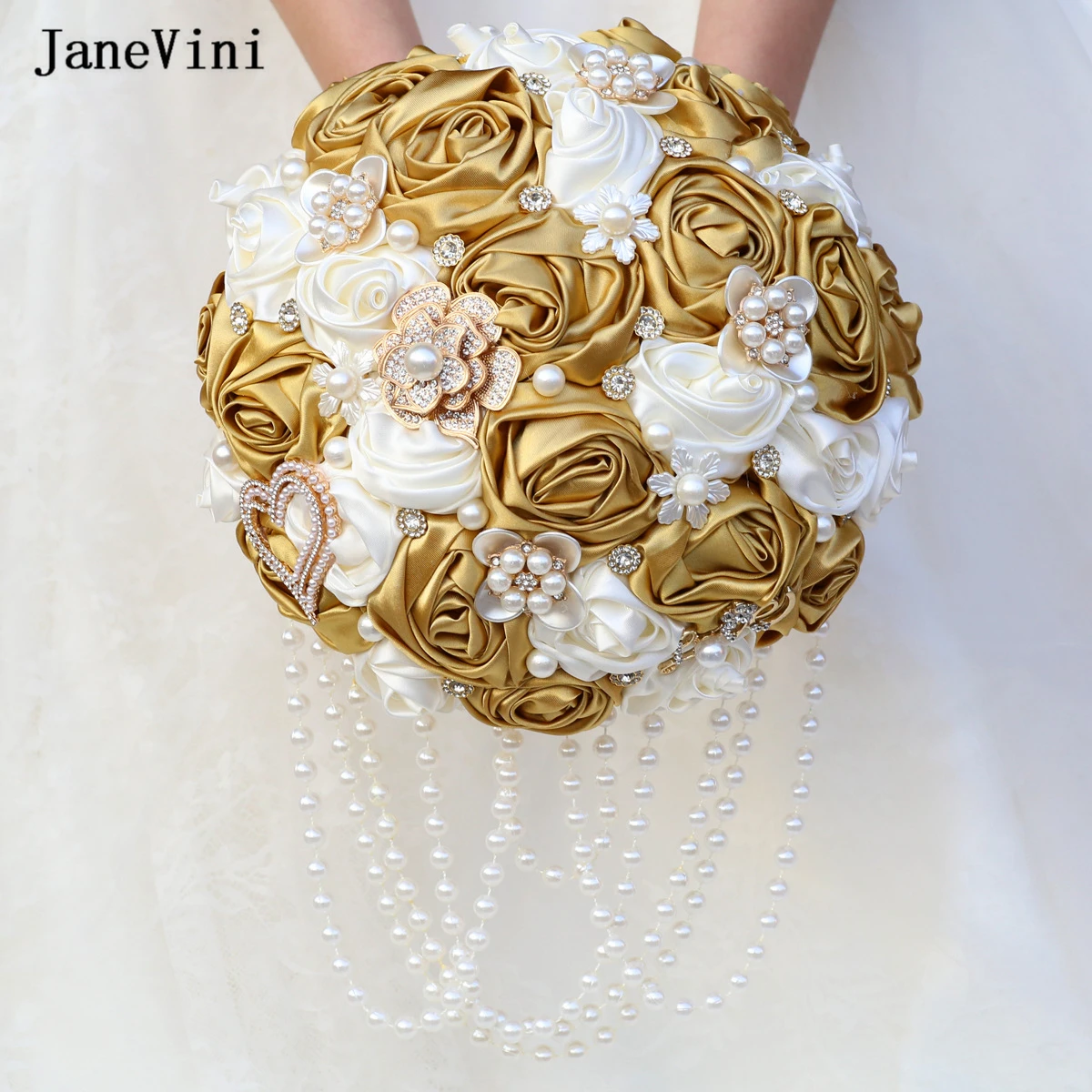 

JaneVini Luxury Rhinestones Jewelry Bridal Brooch Bouquets Pearls Artificial Satin Roses European Bride Wedding Flowers Bouquet