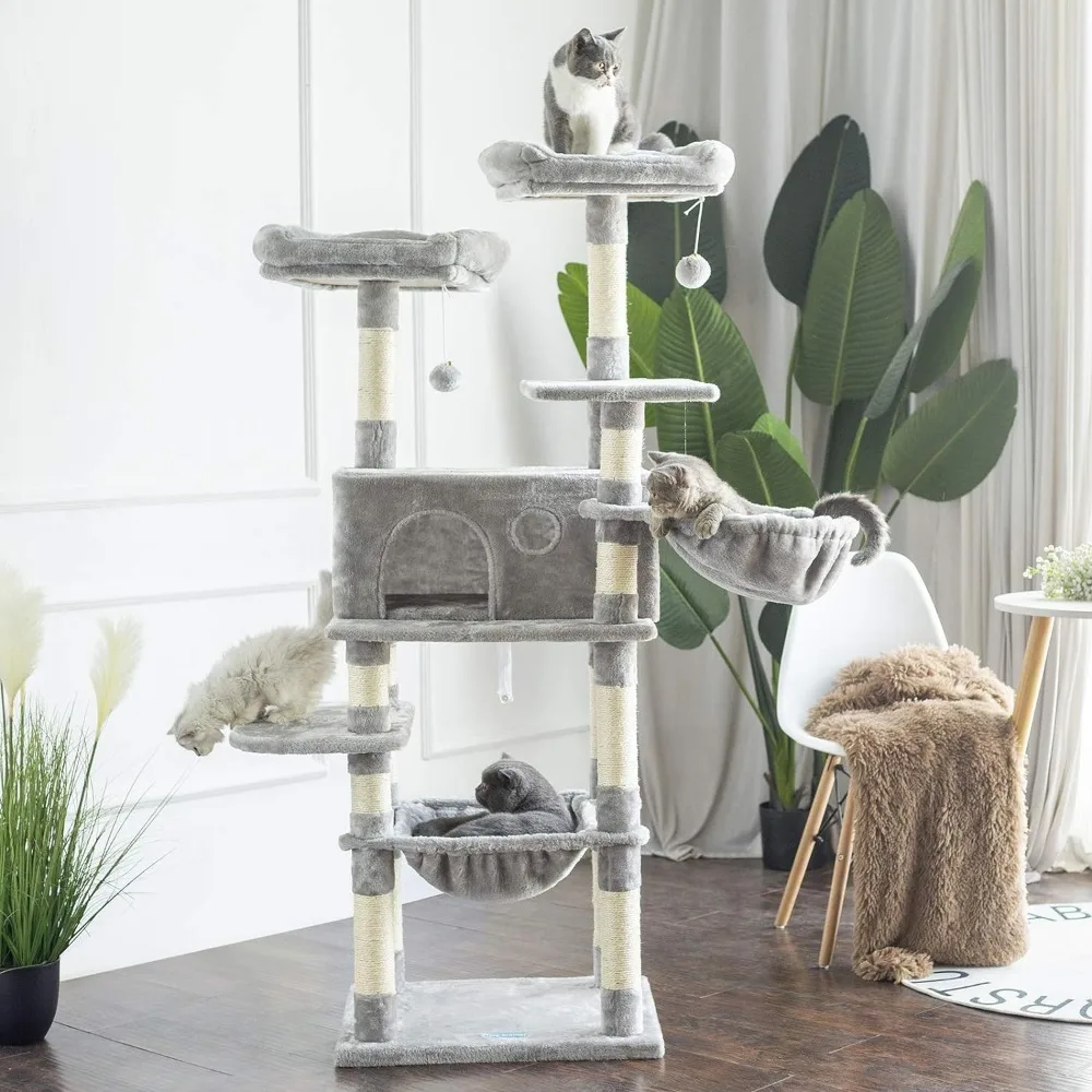 

Large multi story cat tree apartment, cat tower with grab board, with plush bass and basket, light gray cat tree