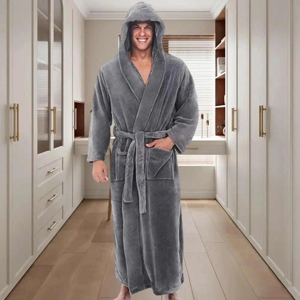 

Роскошный плюшевый мужской банный халат с капюшоном и регулируемым ремнем, ультрамягкий пушистый текстурный, хорошо впитывающий, для отдыха