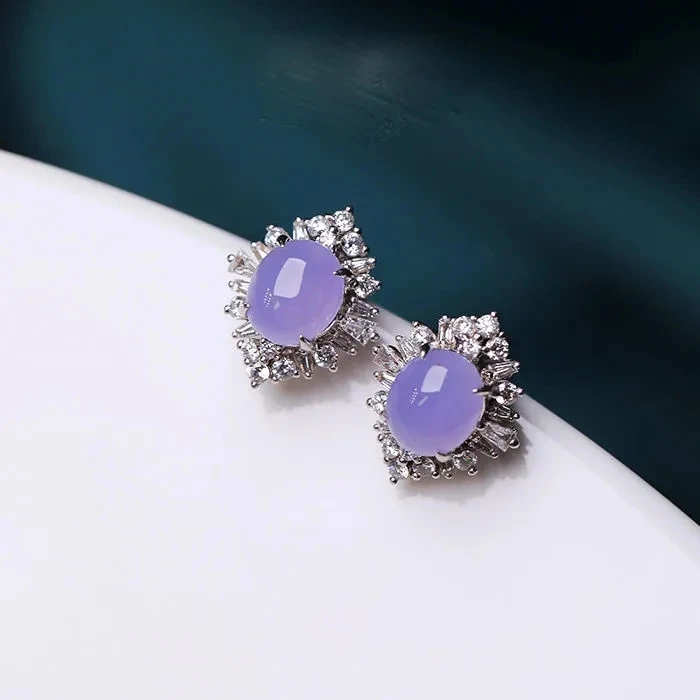 

S925 silver violet earrings inlaid with chalcedony versatile women's exquisite jewelry