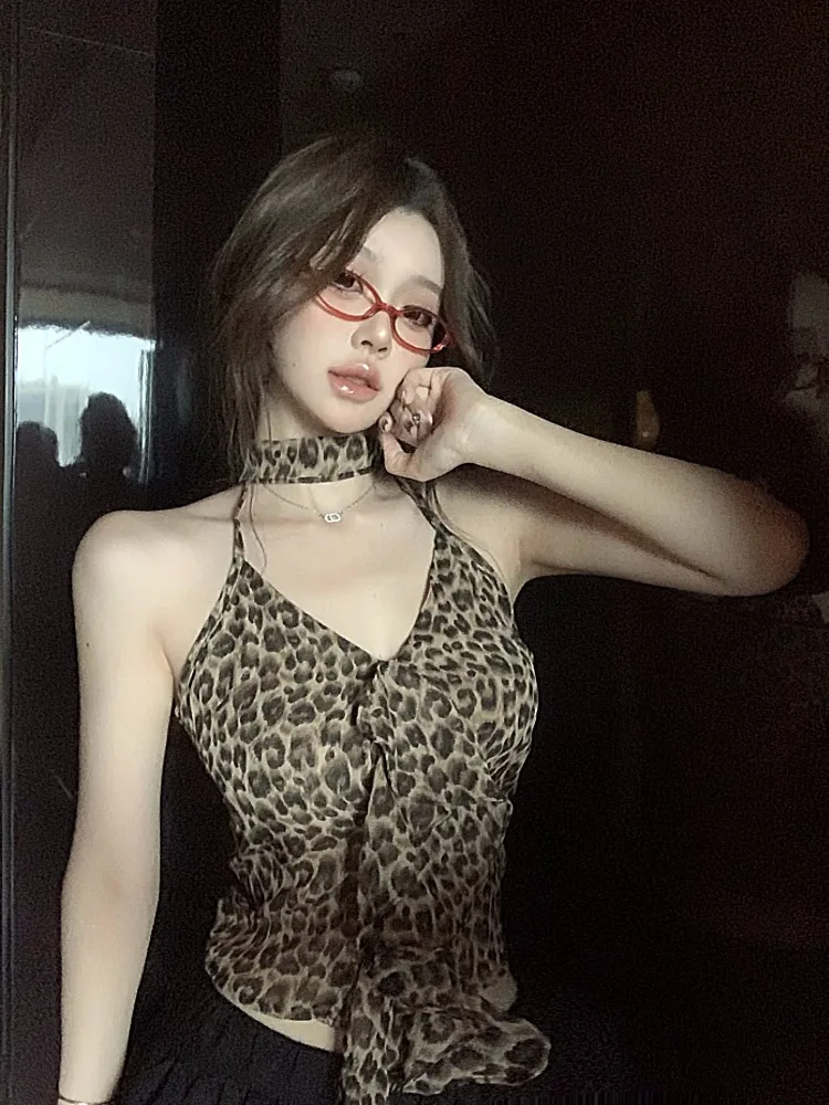 

American Hot Girl Leopard Pattern Backless Strap Halter Camisole Tank Top Women's Summer Tight Inner Layup Short Outward