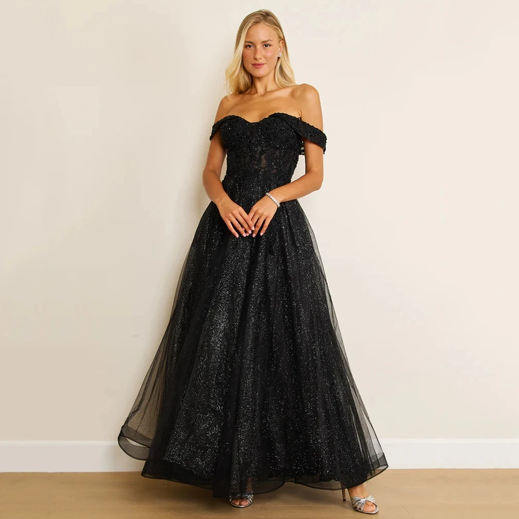

Sexy Black Prom Dresses Sweetheart Off The Shoulder A-Line Tulle Lace Applique Backless Vestidos De Gala Evening Gowns For Women