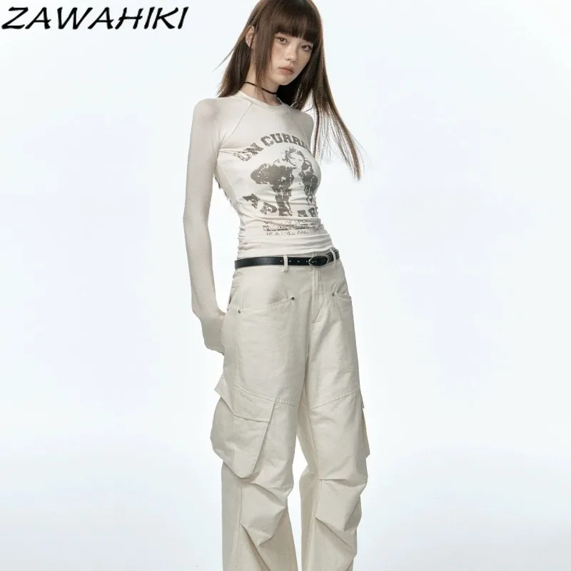 

ZAWAHIKI Fall Winter Slim Letter Grunge Graphic Print O-neck Long Sleeve T Shirt Women Chic Designed Y2K Kpop Crop Top Mujer