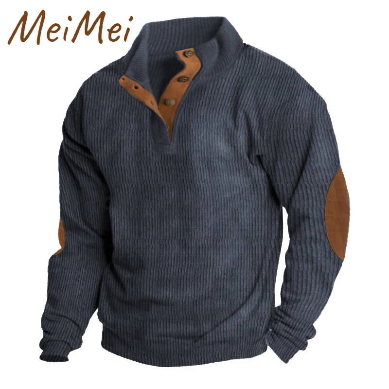 

Stitching Elbow Patch Men's Clothing Solid Color Long-sleeved All-match Sweatshirt Fashion Buckle Stand-up Collar Men's Sweater