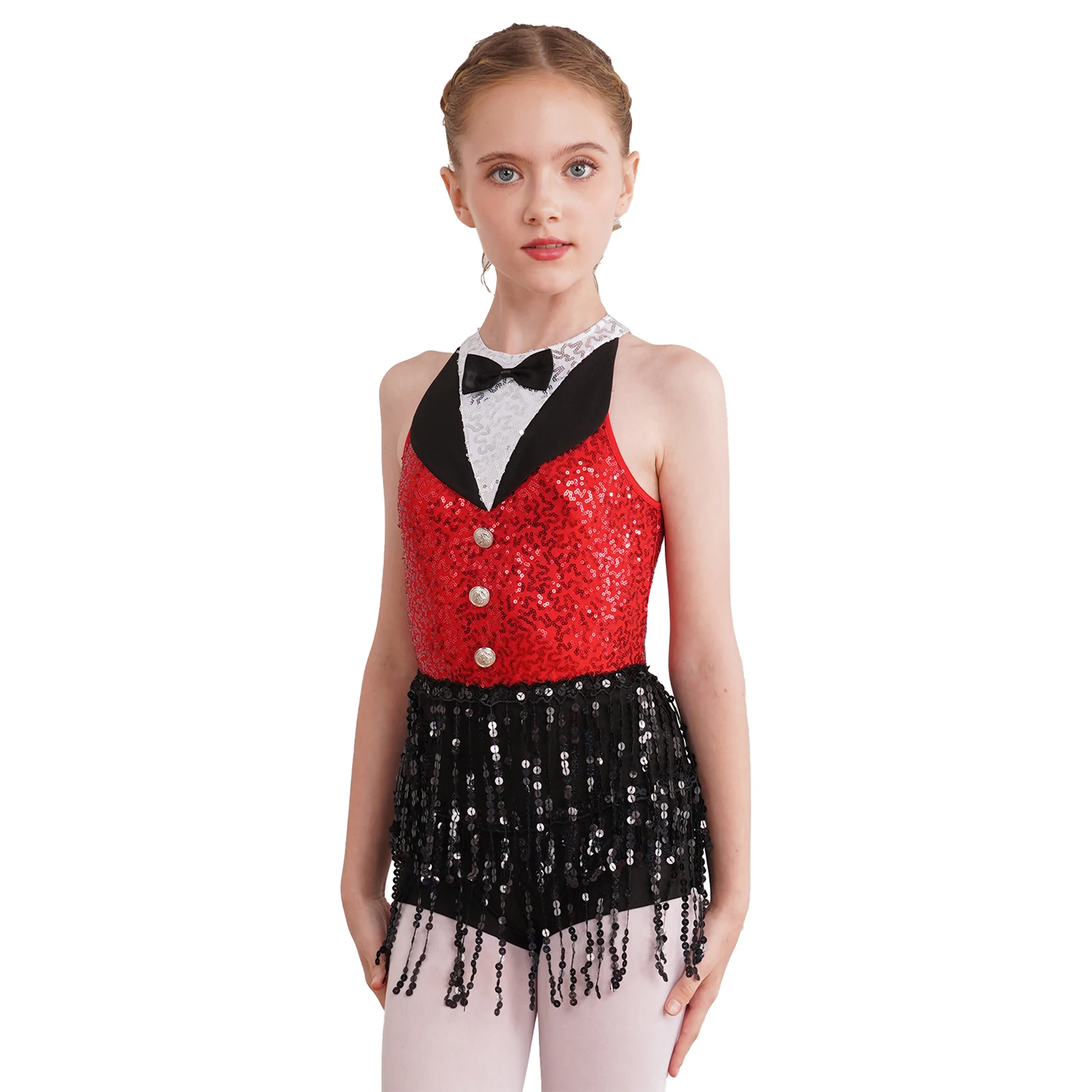 

2023 Kids Girls One-Piece Dancewear Sequin Tassel Latin Jazz Dance Dress Sleeveless Back Keyhole Boyshorts Dresses Dancing Party