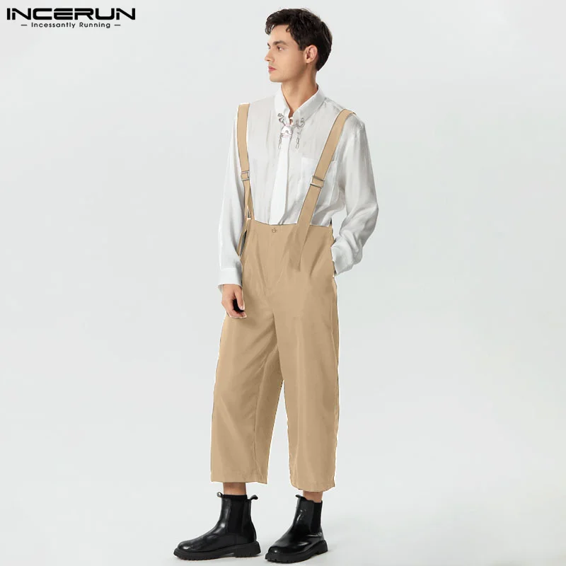 

INCERUN 2024 American Style Men Rompers Loose High Waisted Wide Leg Jumpsuits Casual Streetwear Solid Shoulder Strap Pants S-5XL