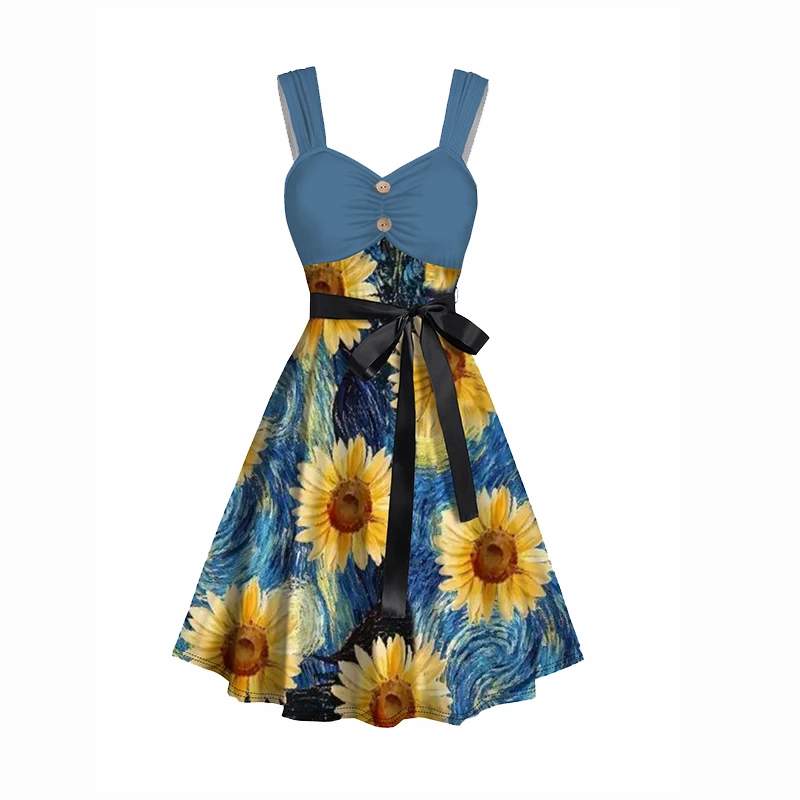 

Women Summer Dresses Sunflower Print Mock Button Ruched Bust Tank Belt Renaissance Mini Dress 2024 Fashion vestidos para mujer