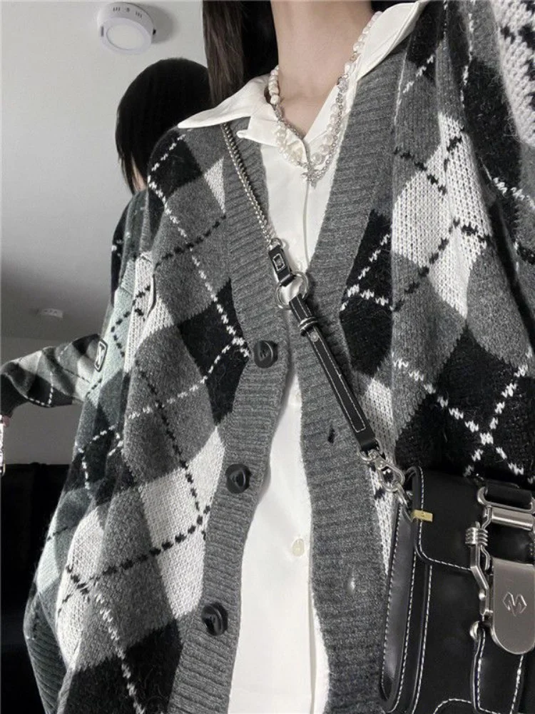 

Korean Fashion Argyle Sweater Cardigan Women Harajuku Vintage Oversize Button Up Knitted Jumper Female Preppy Jackets