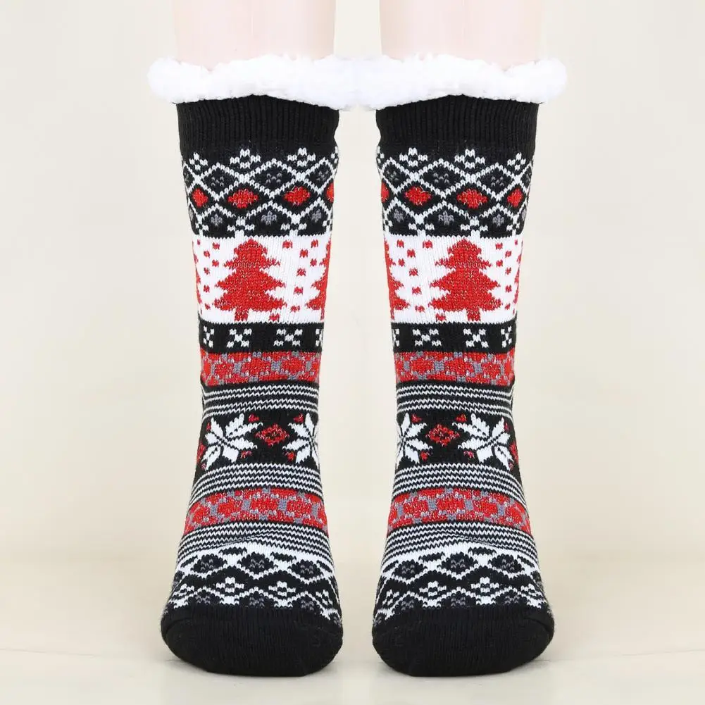 

1 пара осенне-зимние женские носки для пола с принтом рождественской елки оленя снежинки утепленные носки средней длины с флисовой подкладкой носки для сна в помещении