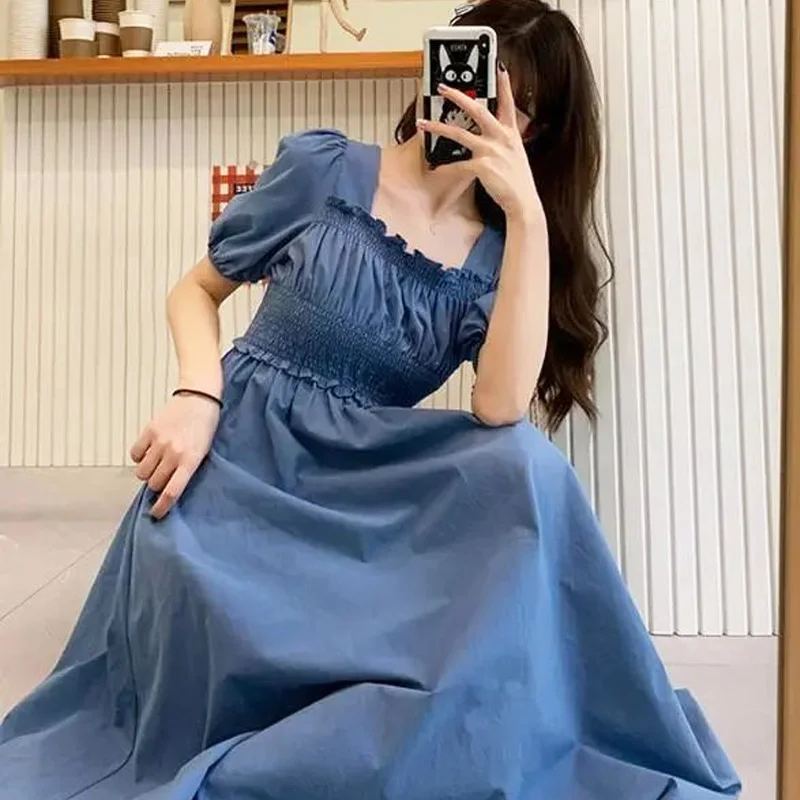 Pleated Elastic Waist Chiffon Long Dress Summer Short Sleeve Square Neck A-line Dress Solid Women Casual Beach Holiday Vestidos
Pleated Elastic Waist Chiffon Long Dress Summer Short Sleeve Square Neck A-line Dress Solid Women Casual Beach Holiday Vestidos