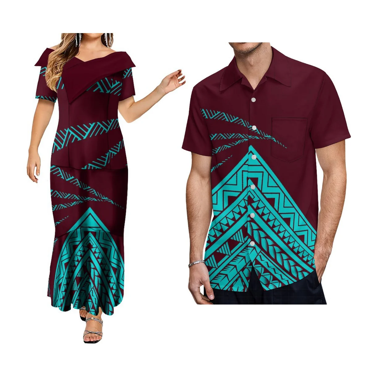 

Polynesian Party Dresses Women'S Strapless Fishtail Dress Samoa Hawaii Men'S Shirt Tribal Ethnic Couple Shirt And Dress Pairing