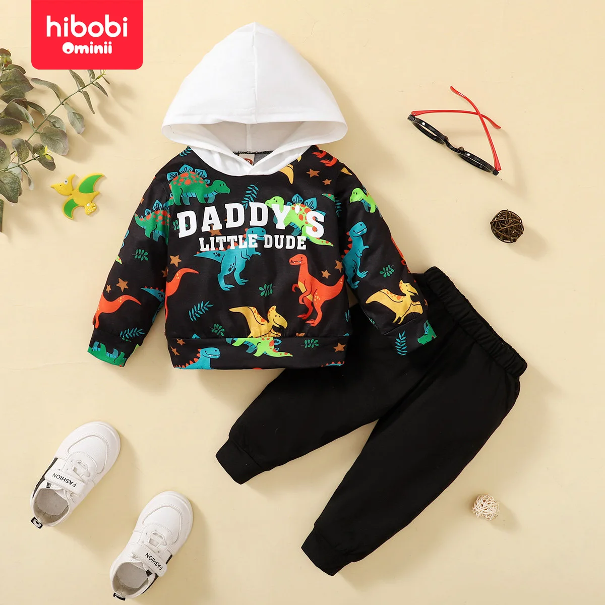 

hibobi 2-Piece Spring Boys Dinosaur Pattern Casual Sports Hooded Long-Sleeved Two-Piece Set Suitable For Babies 3-24 Months Old