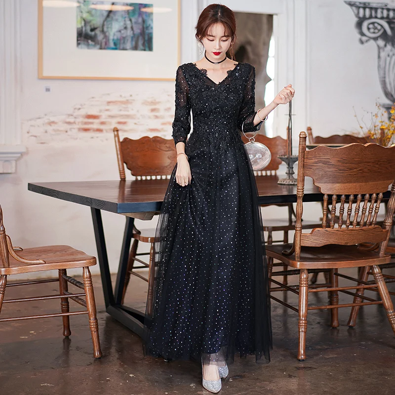 Black Prom Dresses 2022 Elegant V-Neck A-Line Floor-Length Sequin Tulle Women Long Formal Evening Gowns With Sleeves
Black Prom Dresses 2022 Elegant V-Neck A-Line Floor-Length Sequin Tulle Women Long Formal Evening Gowns With Sleeves