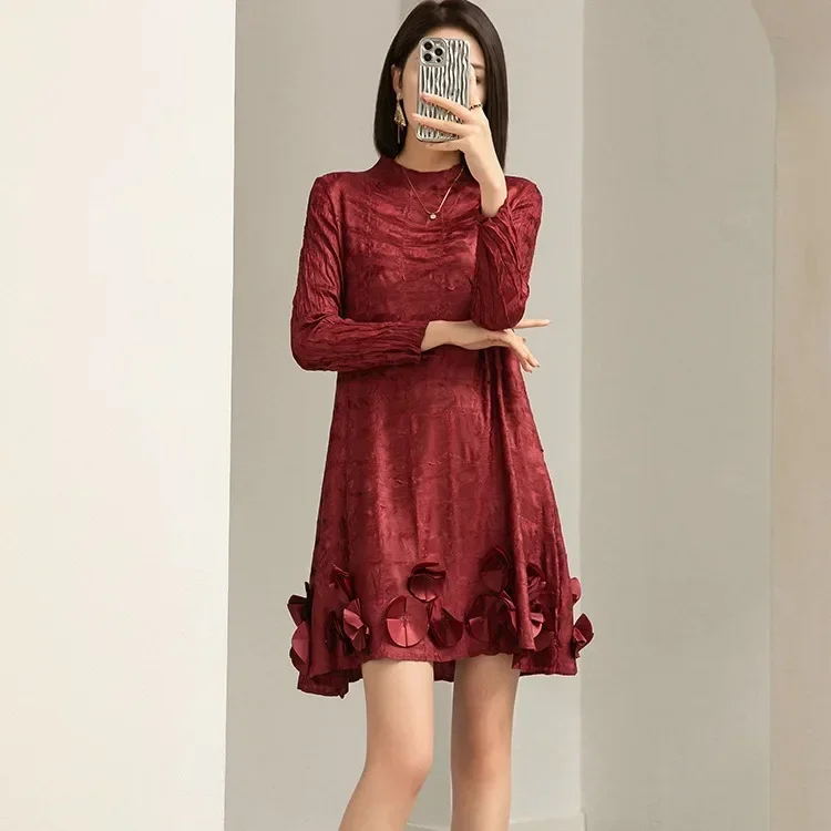 

Miyake Hand-pleated Dress 2023 Autumn Winter New Fashion Loose Large Size Half High Collar Long Sleeve Bespoke Mid-length Skirt