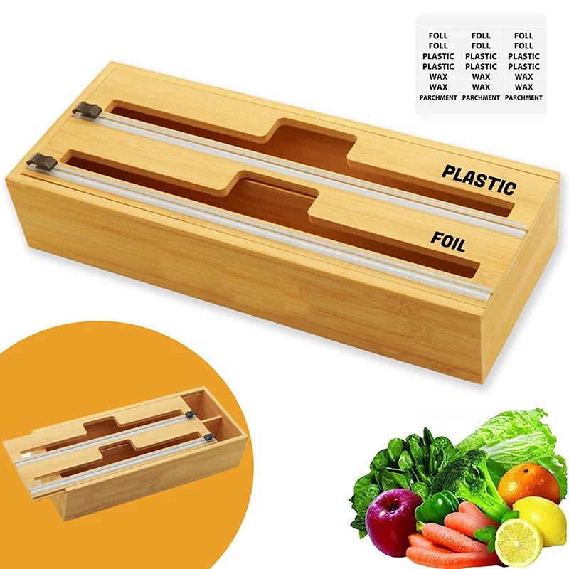 

2 Layers Bamboo Wrap Dispenser Storage For Aluminum Foil With Cutter Cling Film Holder Kitchen Accessories Storage Organizer