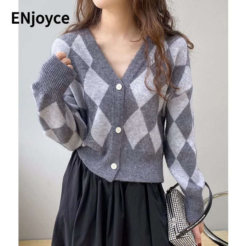 

Vintage Argyle Check Plaid Knitted Short Cardigans Women Long Sleeve Single Breasted Sweater Coat Loose Knit Cropped Tops Fall