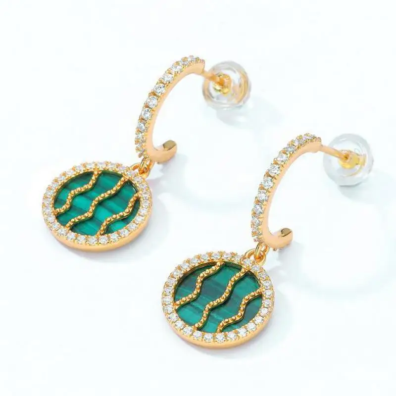 

Natural Malachite Earring S925 Sterling Silver 10k Gold Plated Malachite Crystal Watermelon Dangle Earrings Women Fine Jewelry