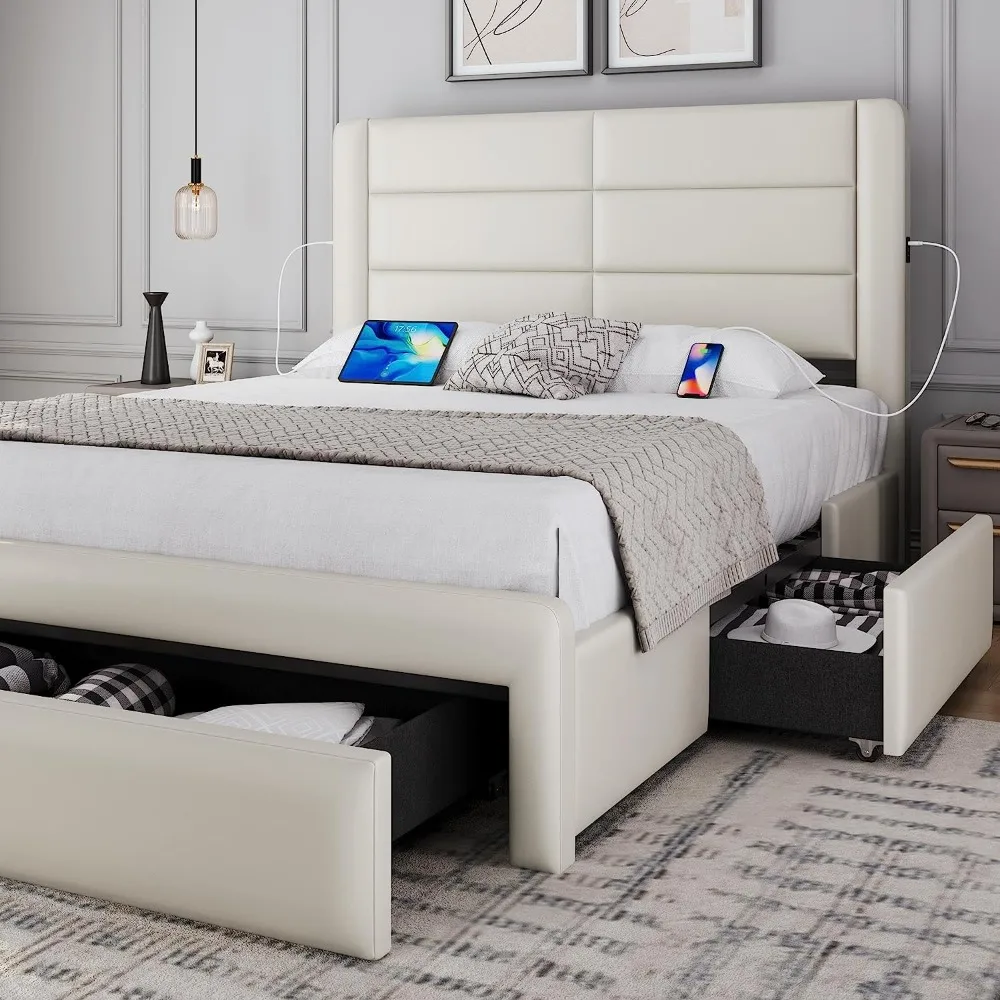 

Queen Size Bed Frame with 2 USB Charging Station/3 Storage Drawers, Leather Upholstered Platform Bed with Headboard