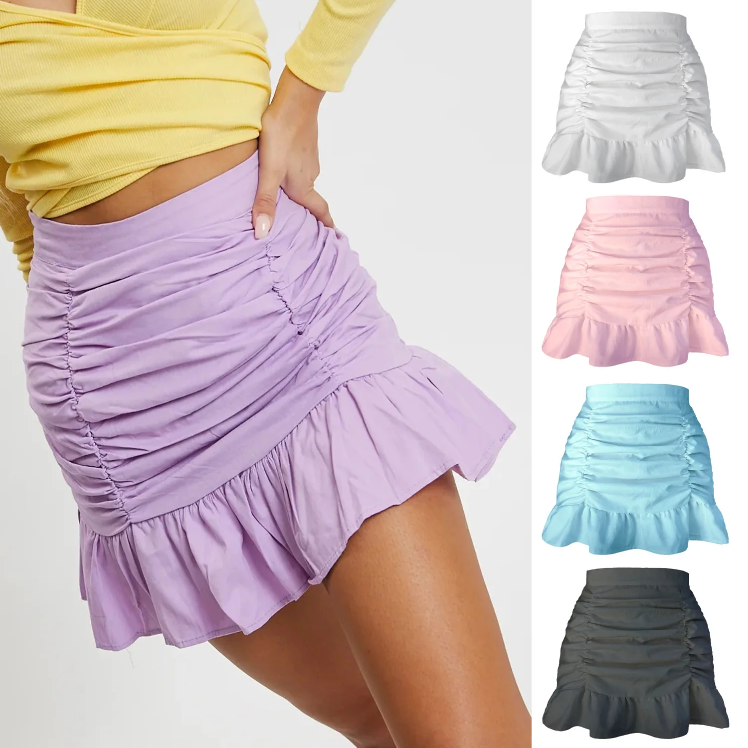 

Women's Fresh Mini Skirt With Solid Color Pleated Ruffle Edge Design High Waisted And Buttocks Wrapped Fishtail Short Skirt Юбка