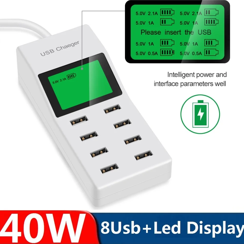 

8 Ports USB Charger Phone Chargers 40W 8A Multi USB Socket with LED Display Charging Station HUB for iPhone 13 14 Samsung