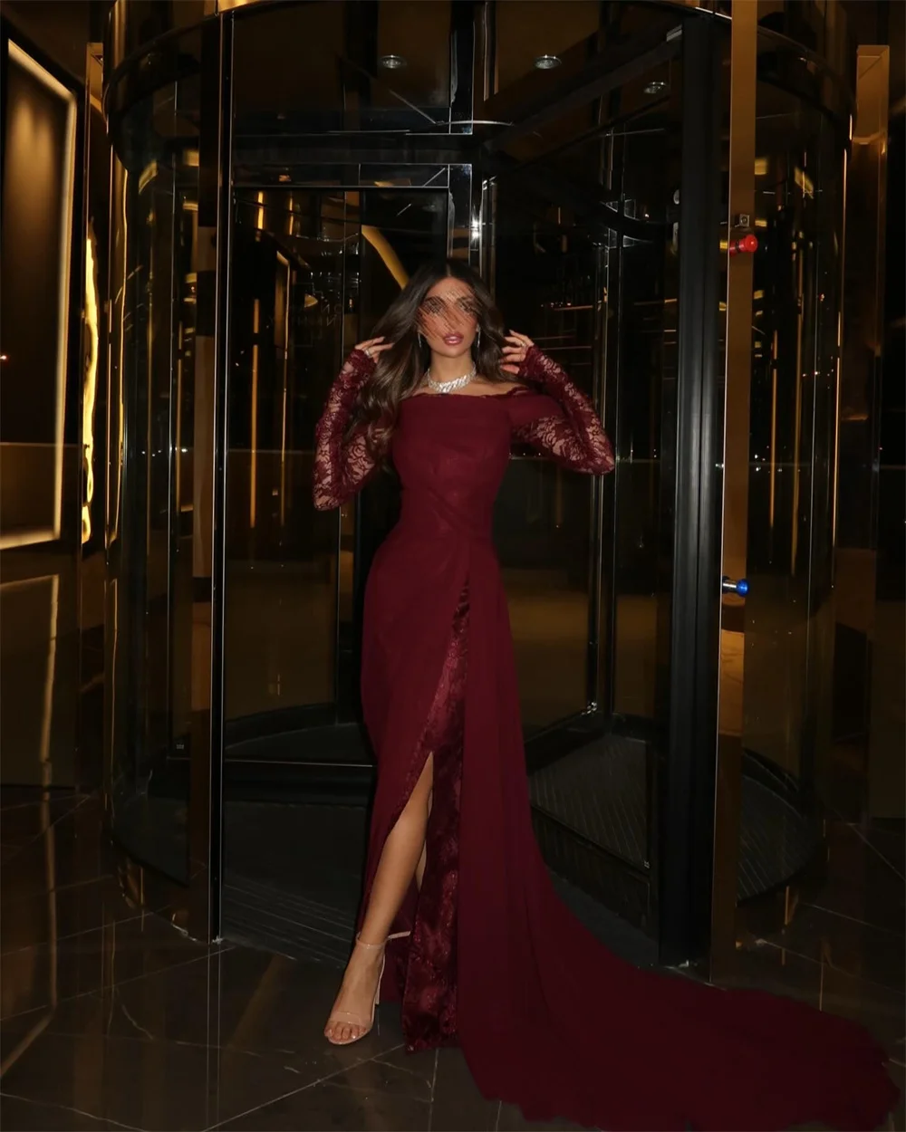 Sansa Customized Side High Slit Court Train Mermaid Prom Dresses Chiffon Wine Red فساتين سهرات Lone Sleeve فساتين للمناسبات الخا 8 S30b08d289c534cf3a3043f47940152e5e