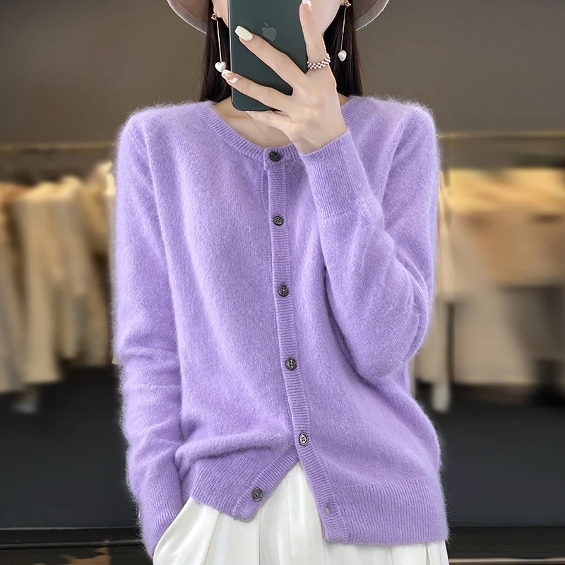 

Women's Cardigan 100% Mink Cashmere Sweater,O-Neck Long Sleeve Top,Plus-Size Loose,Spring and Autumn Soft Knitted Jacket Female