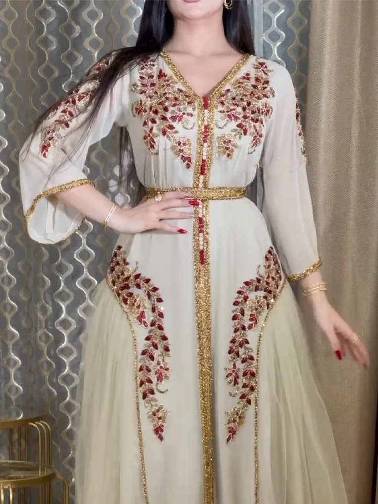 

Chiffon Embroidery Muslim Women Long Dress Robe Long Sleeve Ramadan Eid Dubai Abaya Jalabiya Kaftan Islamic Middle East Arabic