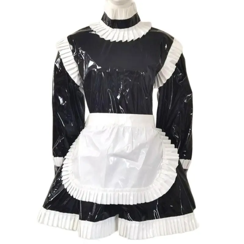 

Adult Giant Baby Sexy Girl Black Thin PVC Sissy Short Sleeved Dress White Apron Japanese Maid Role-playing Multi Color Lockable