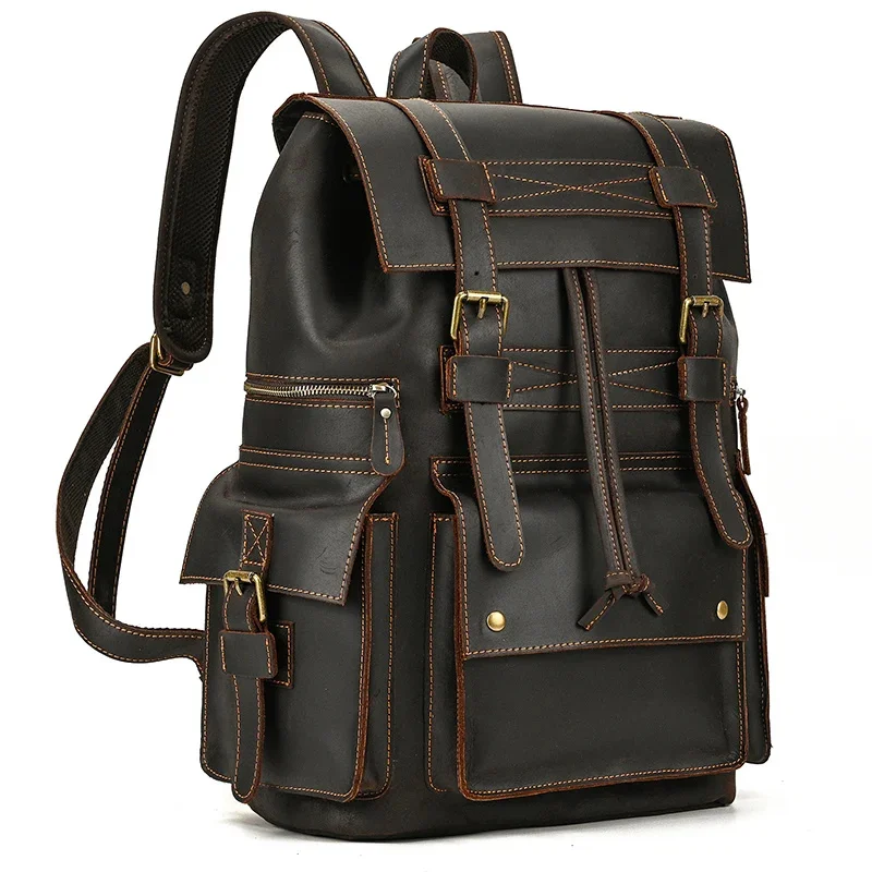 

Vintage Leather Bagpack Crazy Horse Men's Daypack Male Travel Backpack Large Capacity 15.6 Inch Laptop For Men