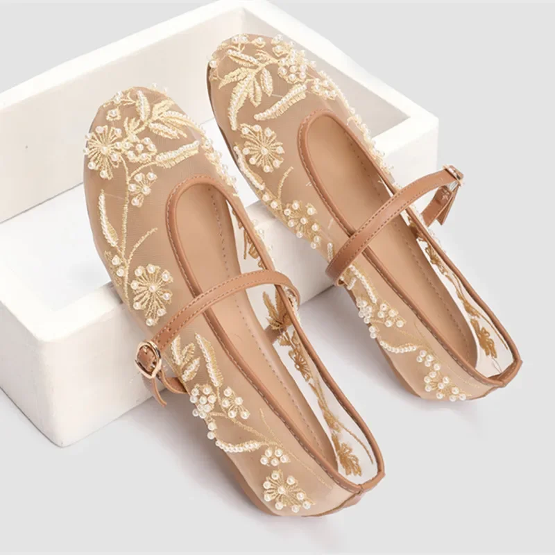 Summer White Pearl Decoration Mesh Embroidery Ballet Flats Women Elegant String Bead Flat Sandals Light Mary Jane Designer Shoes 36