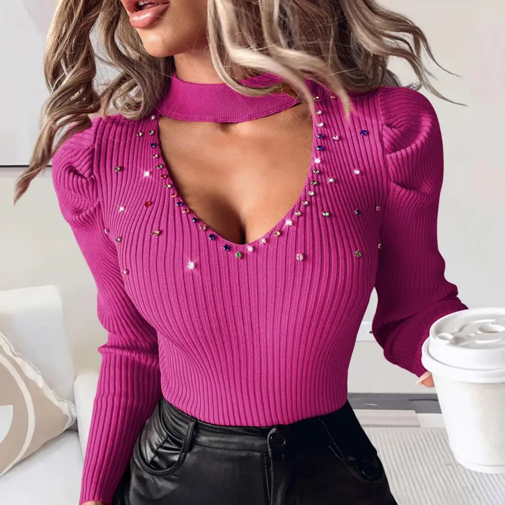 

Pleated Waist Tight Shirt Stylish Women's Rhinestone Studded Knitwear V-neck Tops Hollow Out Sweater Slim Fit Blouse Office Lady