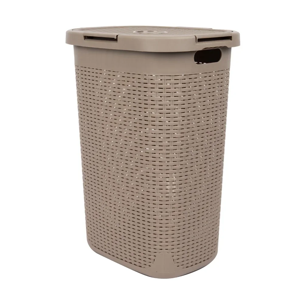 

60 Liter Laundry Basket with Cutout Handles & Lid, Brown Metallic,10.10 X 14.25 X 24.00 Inches