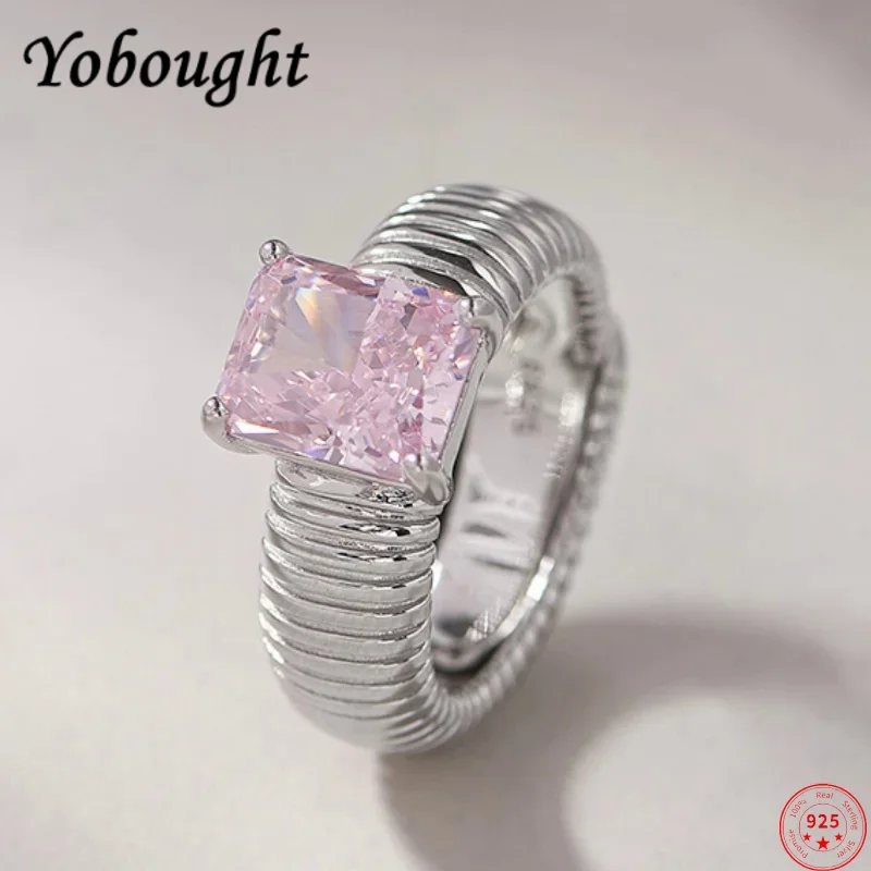 

S925 sterling silver charms rings for Women New Fashion simple stripe pattern inlaid pink zircon punk jewelry free shipping
