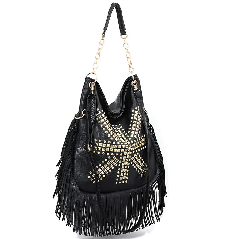 

FIRMRANCH Simple Black Trendy Rivet Soft PU Leather Tassel Shoulder Underarm Purse Chain Tote Woman Commuter Crossbody Bag Cool