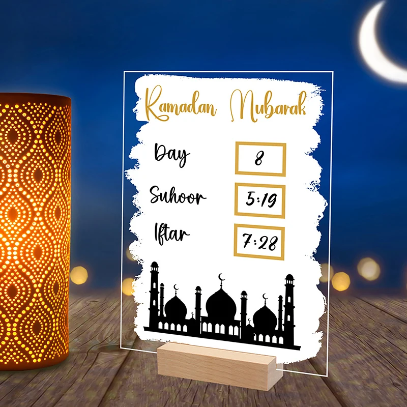 

Многоразовая акриловая доска с календарем Рамадан, деревянная основа, настольное украшение Mubarak Eid Day Advent Suhoor Iftaar обратный отсчет, подарки с ручкой