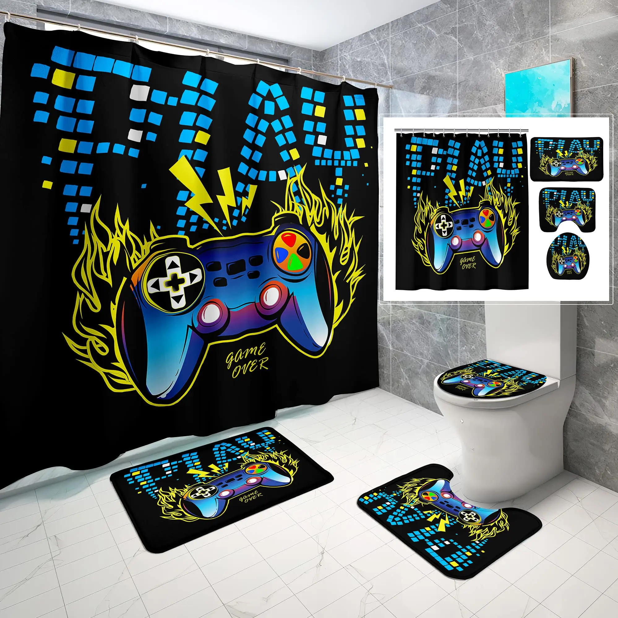 4 Pcs Gaming Shower Curtain Set for Bathroom Boy Gamer Bath Curtain Gamepad Controller Curtains with Rugs Toilet Cover Mat Decor
4 Pcs Gaming Shower Curtain Set for Bathroom Boy Gamer Bath Curtain Gamepad Controller Curtains with Rugs Toilet Cover Mat Decor