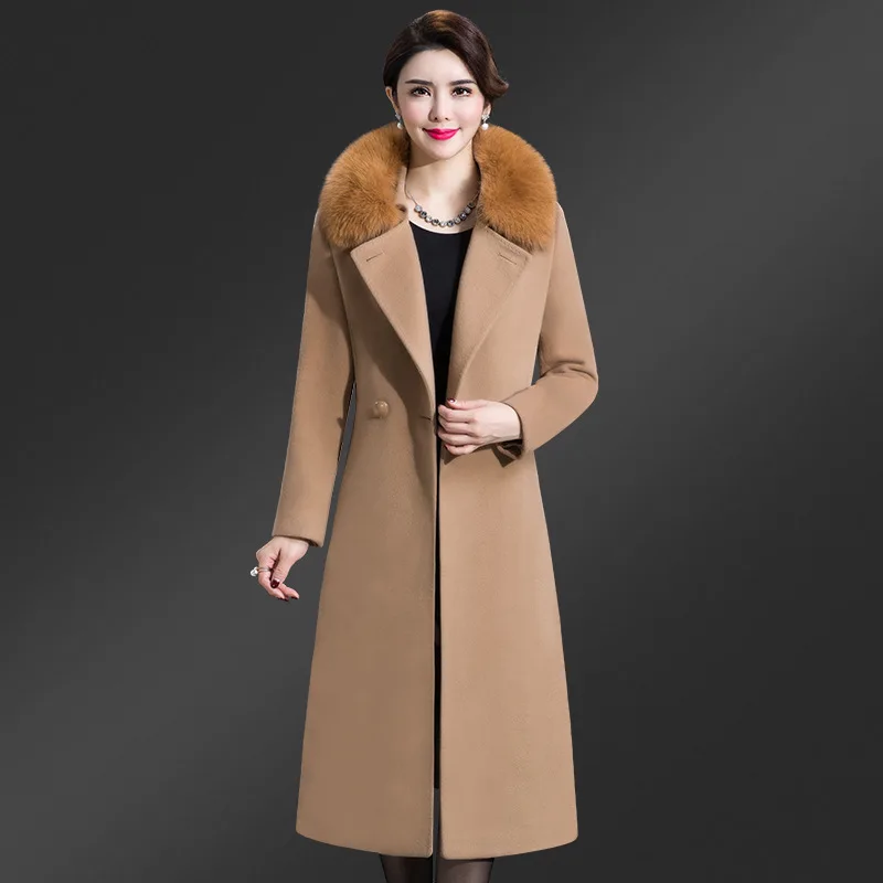 

VOLALO Women Winter Wool Blends Coat Jacket 2024 New Female Girl Long Real Fox Fur Coats Parka Trench